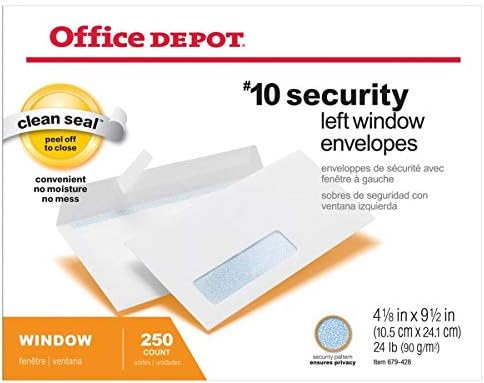 Office Depot Clean Seal(TM) Security Window Envelopes, #10 (4 1/8in. x 9 1/2in.), White, Pack Of 250, 77292