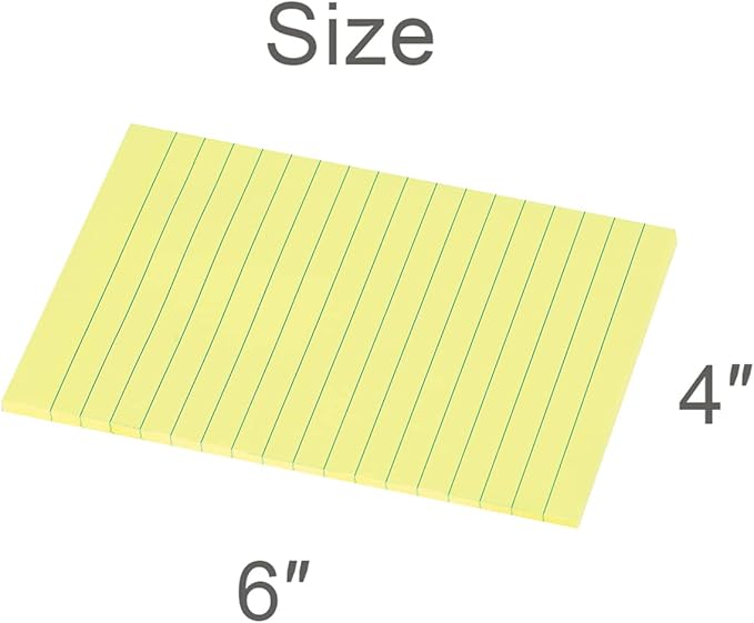 Vanpad Lined Sticky Notes 4X6 in Lemon Yellow Ruled Stickies Super Sticking Power Memo Pads Strong Adhesive, 6 Pads/Pack, 45 Sheets/pad