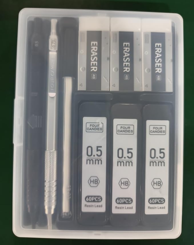 Four Candies 2PCS Metal Mechanical Pencils Set with Case, 0.5mm & 0.7 mm Artist Pencil with 6 Tubes (360PCS) HB Lead Refills, 3 Erasers,9 Eraser Refills For Writing Drafting, Drawing, Black&Silver