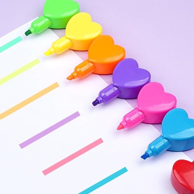 Set of 6 Love Heart Shape Color Highlighter Markers with 1 Red Heart Cap, Multicolor Highlighter Pens for School & Office.