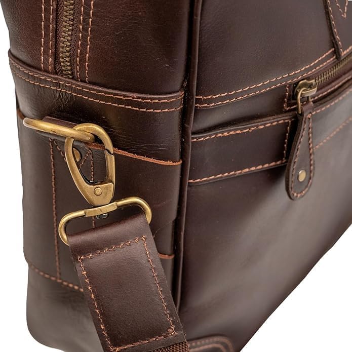 Brown Leather Laptop Bag - Stylish 16 Inch Computer Case for Men and Women - Genuine Leather Briefcase with Multiple Pockets and Shoulder Strap