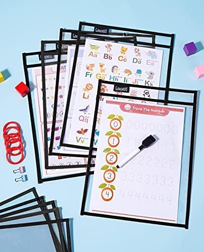 Gamenote Dry Erase Pockets 30 Pack with Rings, Oversized Reusable Plastic Sleeves Shop Ticket Holders Sheet Protectors Teacher Supplies Organization for Classroom Must Have (Black)