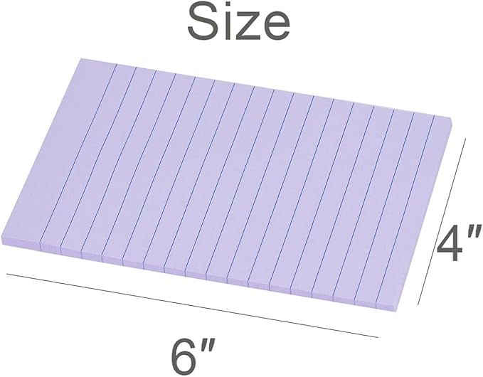Vanpad Lined Sticky Notes 4X6 in Light Purple Ruled Stickies Super Sticking Power Memo Pads Strong Adhesive, 6 Pads/Pack, 45 Sheets/pad