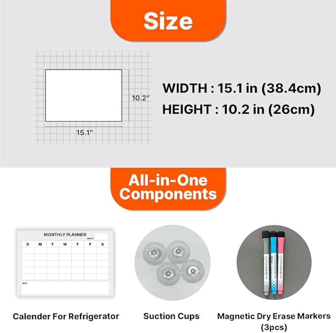 GEEKBEAR Dry Erase Refrigerator Calendar with 3 Markers - Attachable to Any Fridge with Special Suction Cups - Monthly and Weekly Designs, Acrylic - 15.7" x 10.6" (02. Modern Gray, Monthly)