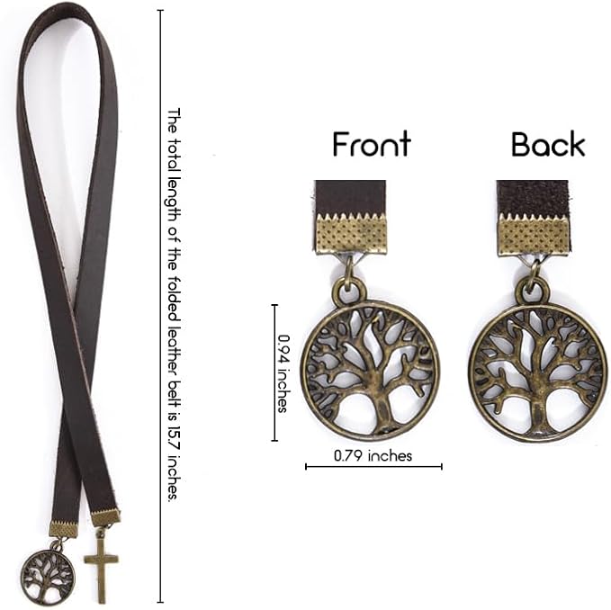 Handmade Long Leather Straps Bookmark, Tree of Life Bible Bookmarks with Retro Cross, Christian Saint Book Mark, Ideal Catholic Gift (Style 12)