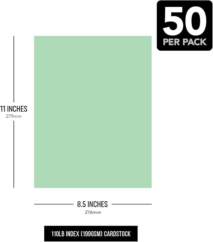 8.5 x 11" Green Pastel Color Cardstock Paper - Great for Arts and Crafts, Wedding Invitations, Cards and Stationery Printing | Medium to Heavy Card Stock 110lb Index (199gsm) | 50 Sheets per Pack