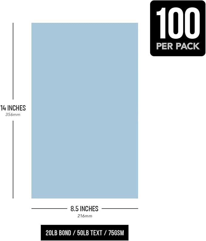 Blue Pastel Colored Menu Paper - 8.5" x 14" (Legal Size) - For Documents, Announcements, Menus Arts and Crafts | Bulk Pack of 100 Sheets