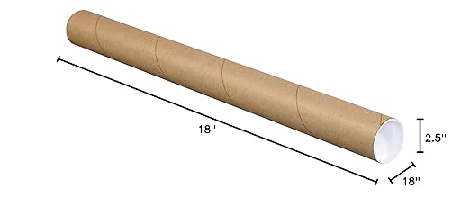 BOX USA BP2518K Mailing Tubes with Caps, 2-1/2" x 18", Kraft (Pack of 34)