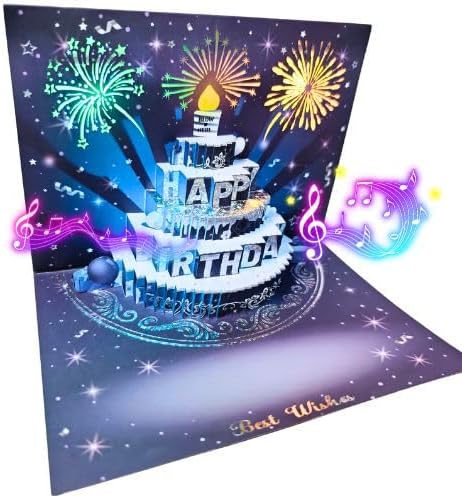 Musical Birthday Cards, 3D Pop Up Card with Music and Light, Firework Greeting Card with Interactive Blowable Candle, Birthday Gift for Her Him Mom Grandma Wife Husband (Blue and Silver)