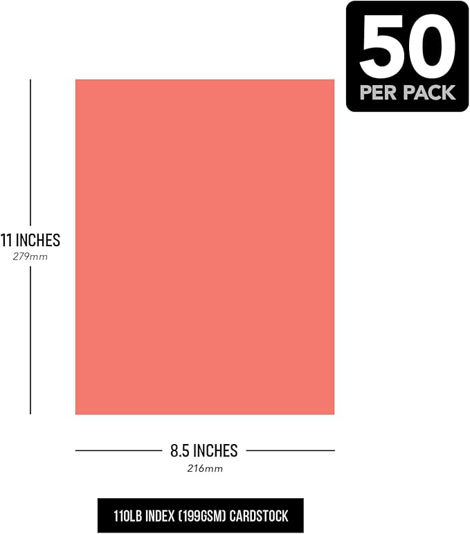 8.5 x 11" Salmon Pastel Color Cardstock Paper - Great for Arts and Crafts, Wedding Invitations, Cards and Stationery Printing | Medium to Heavy Card Stock 110lb Index (199gsm) | 50 Sheets per Pack