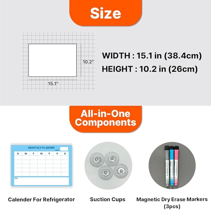 GEEKBEAR Dry Erase Refrigerator Calendar with 3 Markers - Attachable to Any Fridge with Special Suction Cups - Monthly and Weekly Designs, Acrylic - 15.7" x 10.6" (04. Modern Blue, Monthly)