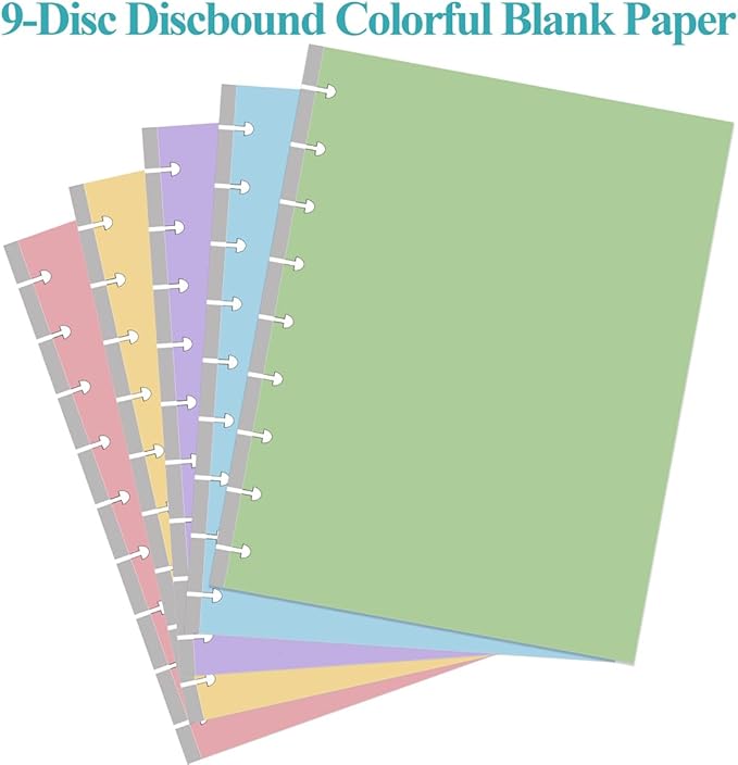 (2-Pack) 9-Disc Discbound 5 Colorful Blank Paper Pre-punched Happy Planners Inserts, 200Sheets/400Pages Classic Size Blank Loose-Leaf Paper, Per Color 40 Sheets, 7" x 9.25"