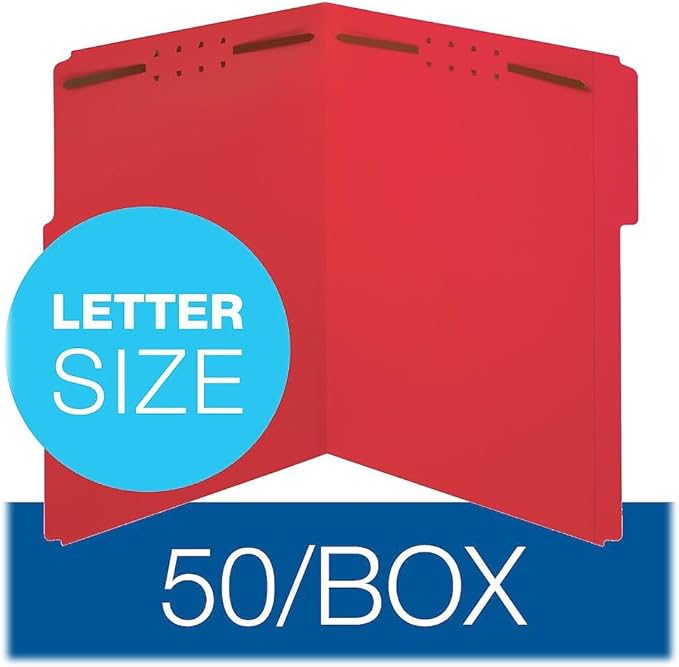 Pendaflex Fastener Folders, 2 Fasteners, Letter Size, Red, 1/3 Cut Tabs in Left, Right, Center Positions, 50 per Box (22740), Specialty