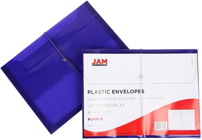 JAM PAPER Plastic Expansion Envelopes with Elastic Band Closure - Letter Booklet - 9 3/4 x 13 with 2.5 Inch Expansion - Purple - 12/Pack