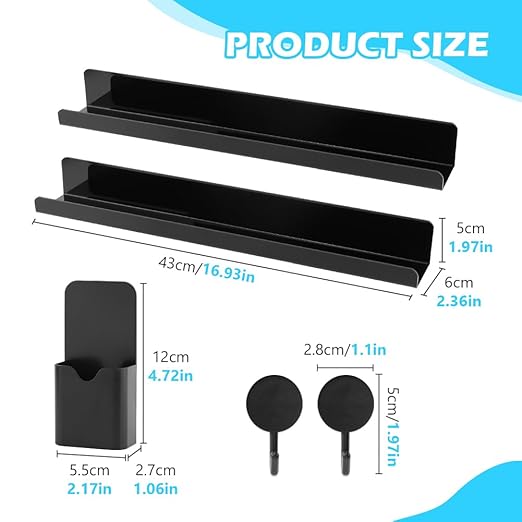 Magnetic Book Shelf for Whiteboard, Magnetic Book Holder File Rack with a Pen Container and Two Hook Acrylic Book Shelves Metal Floating Book Display Shelf for Teacher Kids Room Office(Black)