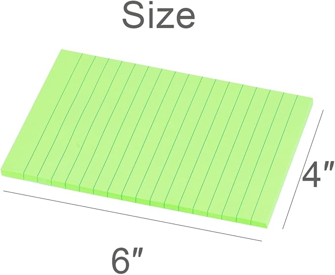 Vanpad Lined Sticky Notes 4X6 in Bright Green Ruled Stickies Super Sticking Power Memo Pads Strong Adhesive, 6 Pads/Pack, 45 Sheets/pad