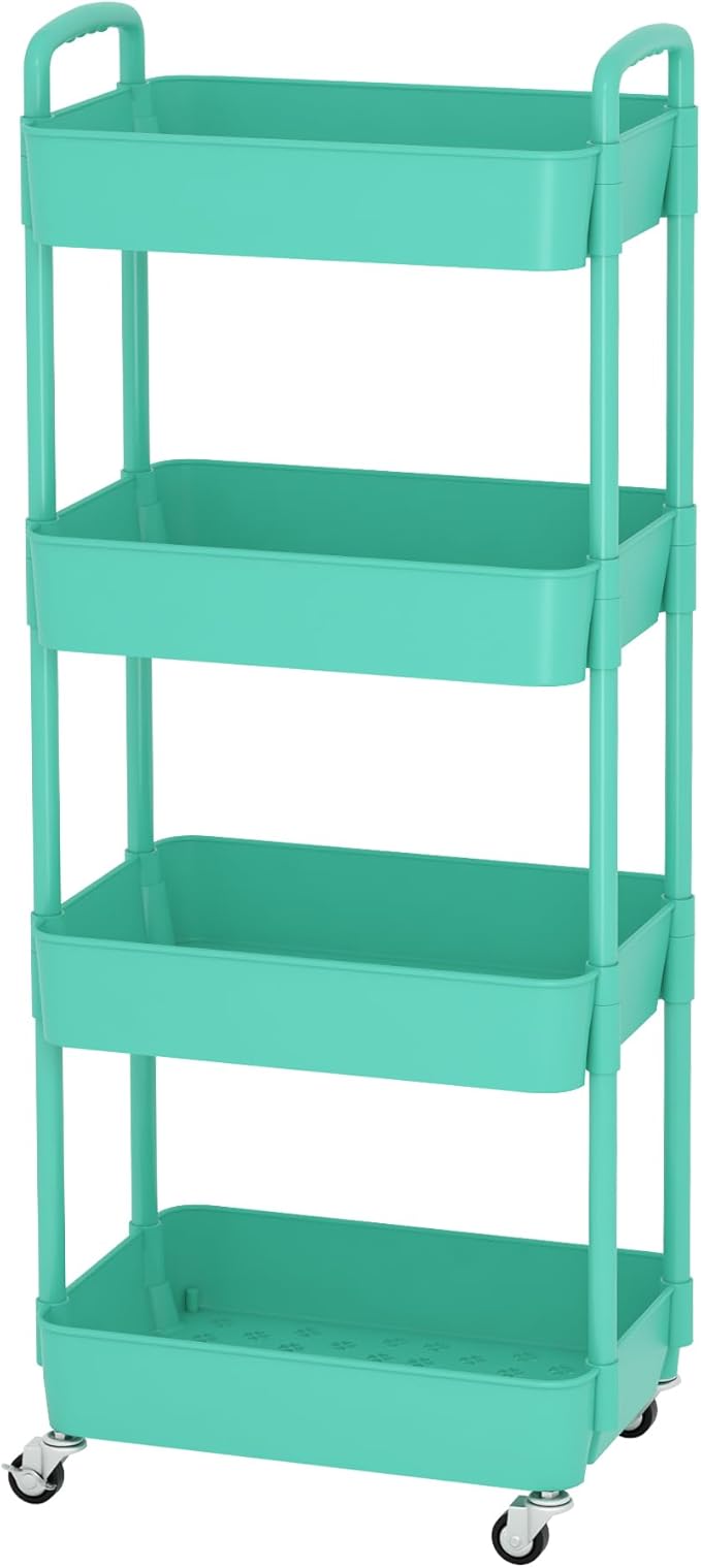 Sywhitta 4-Tier Plastic Rolling Utility Cart with Handle, Multi-Functional Storage Trolley for Office, Living Room, Kitchen, Movable Storage Organizer with Wheels, Green