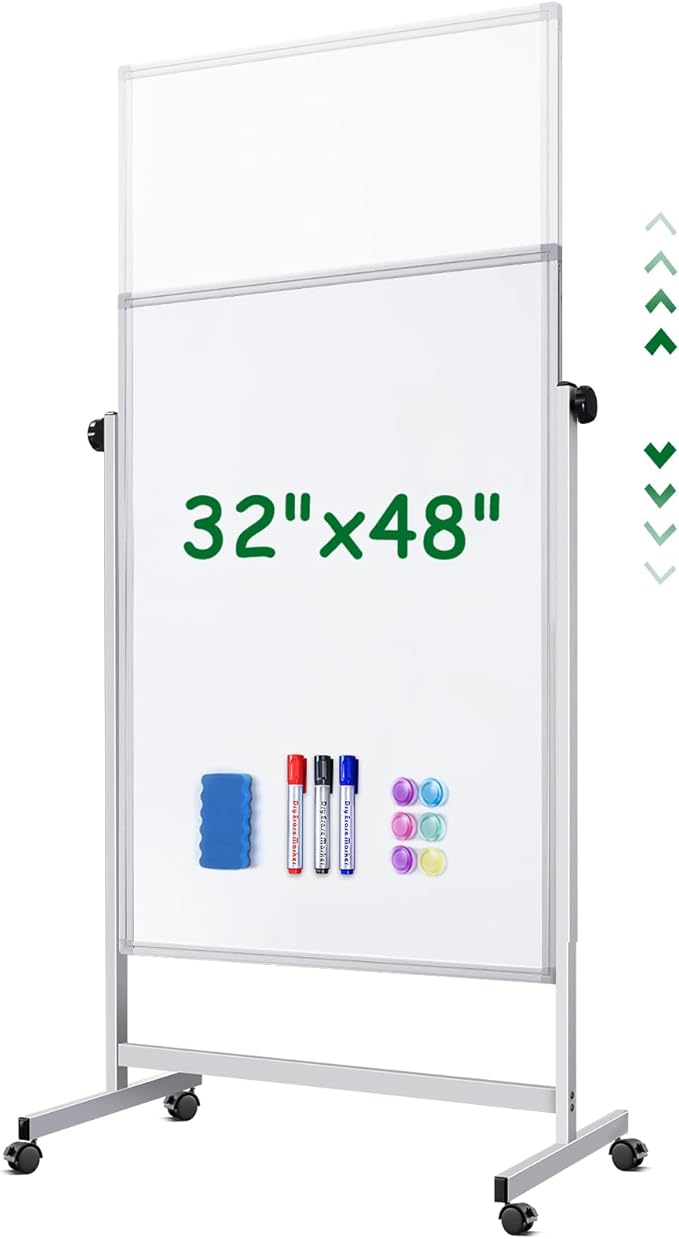 Mobile Whiteboard 32 x 48 inches Height Adjustable Dry Erase White Board, Standing Easel Whiteboard on Wheels, Double-Sided Magnetic Whiteboard with Stand for Office, Home, and Classroom