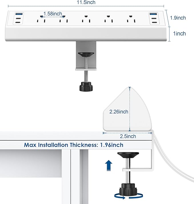 Desk Clamp Power Strip USB C,40W Total Fast Charging Station,4 PD 20W USB C Ports,Nightstand Edge Mount Power Strip with 6 USB Ports 5 AC Outlets Surge Protector,6ft Cord,Fit 1.96" Tabletop Edge