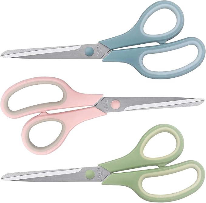Scissors 8.5 Inch Multipurpose Scissors Bulk Set of 3, Durable and Sharp Scissors for Office Home School Sewing Fabric Craft Supplies, Soft Comfort-Grip Right/Left Hand