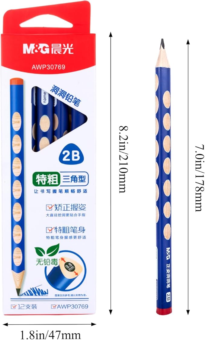 M&G 12 Pcs Triangular Hole Pencils for Kids, Triangular Pole with Grip Correction 2B Pencils, Graphite Wood Pencils with Smooth Writing for School, Office, Painting, Sketching, Weddings, Party