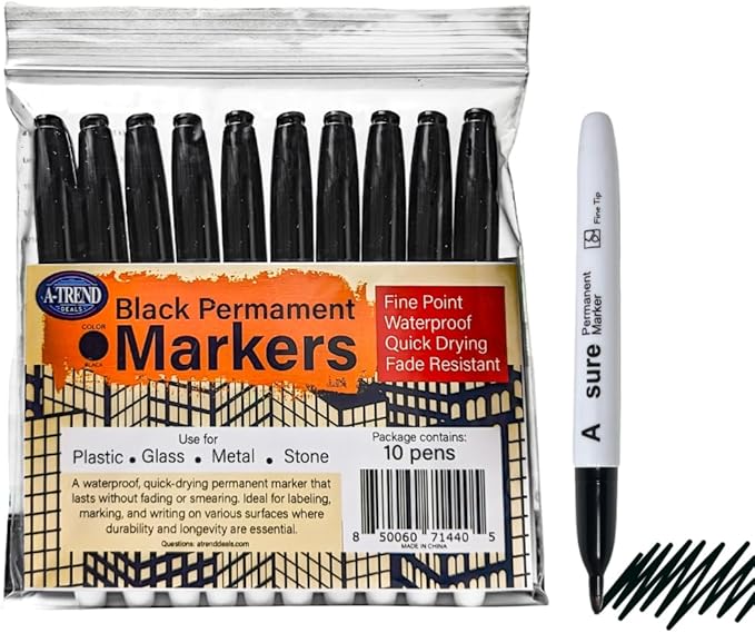 10 Pack Black Permanent Felt Waterproof Markers, Fine Point, Fade Resistant, Writes on Plastic, Metal, Glass, and Stone.…