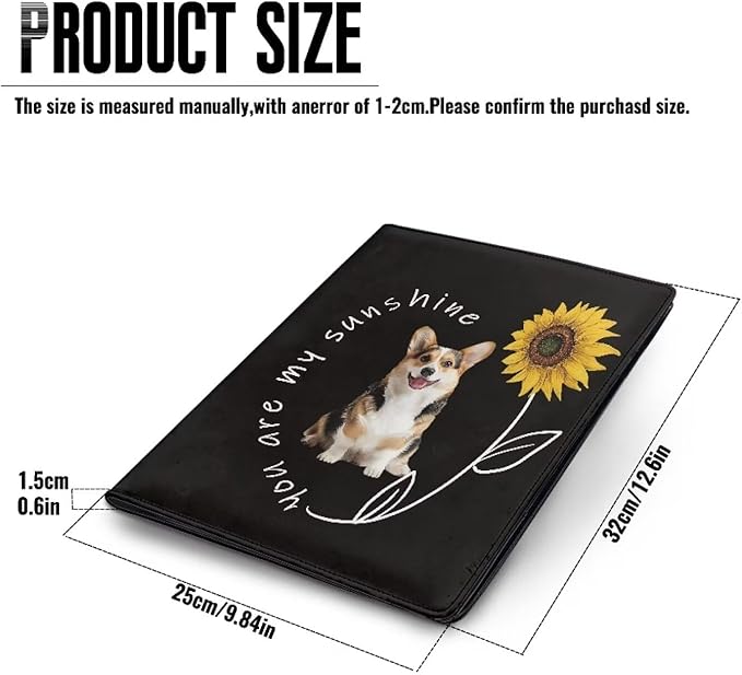 Office Folder Cute Dog Sunflower Print PU Leather Padfolio with A4 Size Clipboard Clip for Business Resume Interview Document Sleeve Binder Folder for Men/Women