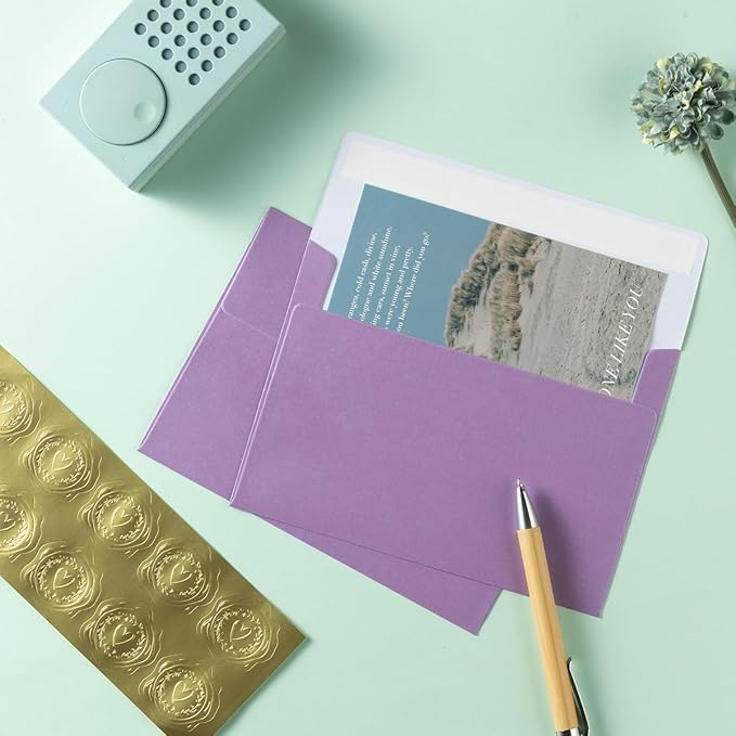 Wishop 50 Pack Shiny Self-Adhesive Envelopes with Shiny Fold Cards for Wedding Invitations, Greeting Cards, Baby Shower, Letter Mailing (Light Purple, 5x7)
