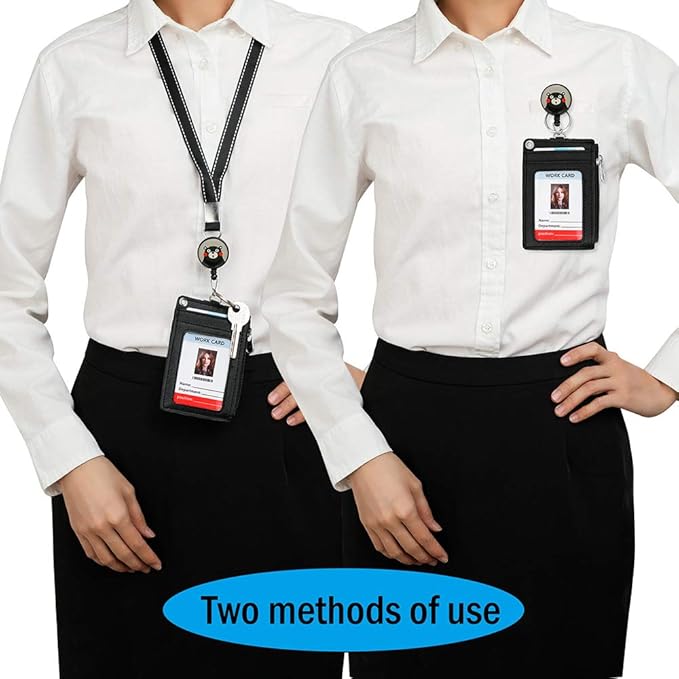 Cute Badge Holder Retractable Lanyard Reel Clip with Heavy Duty Carabiner, 1 Clear ID Window, and 4 Card Slots in 2 Sided for Students Teens Boys Girls Women (01 Black Bear)