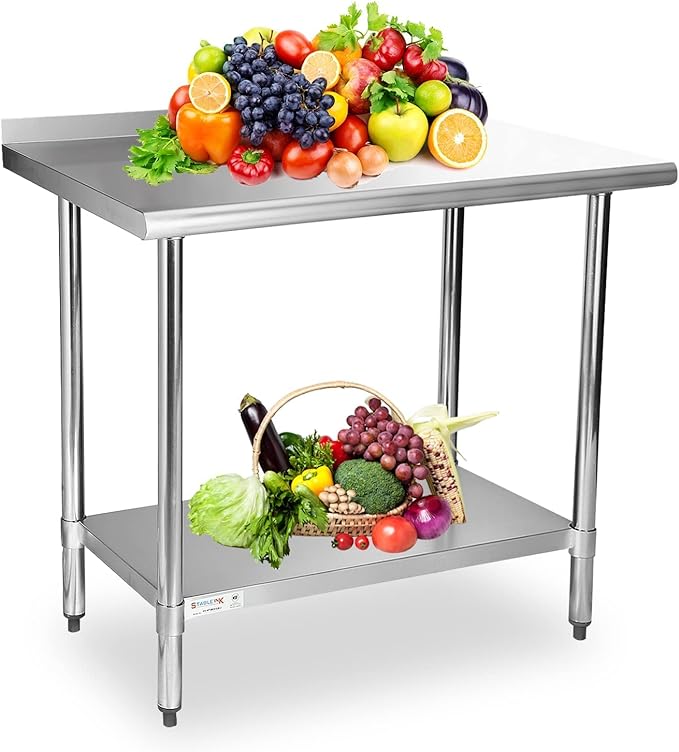 STABLEINK NSF Stainless Steel Table, 24 x 30 Inches Metal Prep & Work Table with Backsplash, Adjustable Undershelf and Table Foot, for Commercial Kitchen, Restaurant (Without Caster Wheels)