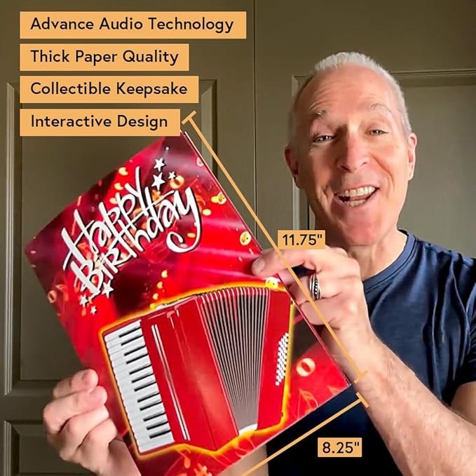 Interactive Accordion Birthday Card – Musical Birthday Cards for Men, Music Present for Men, Musicians & Son, Happy Birthday Card for Men, Musicians Gift, Open/Close to Play Song (Red - XL)