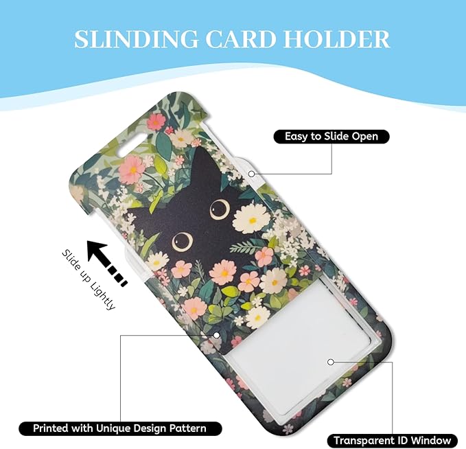 Lanyards for Id Badges, Cat Flower Floral Badge Holder with Retractable Reel Clip, Cute Work Name Tags Keychain Lanyard ID Card Protector Cover Case for Women Teacher Nurse Doctor Office