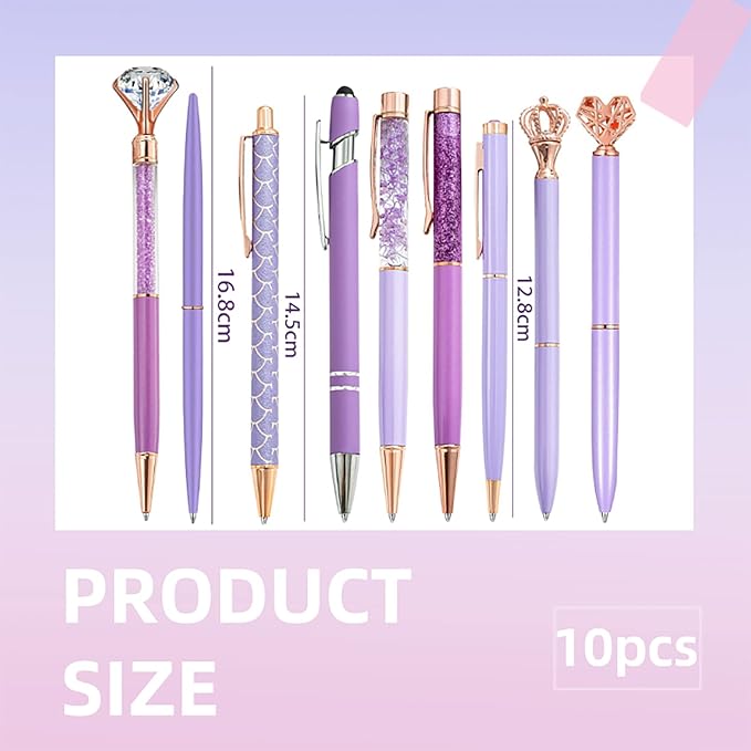 10 Pcs Glitter Ballpoint Pens,Comfortable Writing Pens,Metal Retractable Pretty Journaling cute Pens bulk, Black Ink Medium Point (1.0mm)