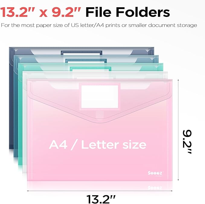 Sooez 10Pack Envelopes, Clear Folders for Documents, Trendy Colors, Super Heavyweight Plastic Document Holders, Storage Pouches, File Envelopes for School & Office Supplies