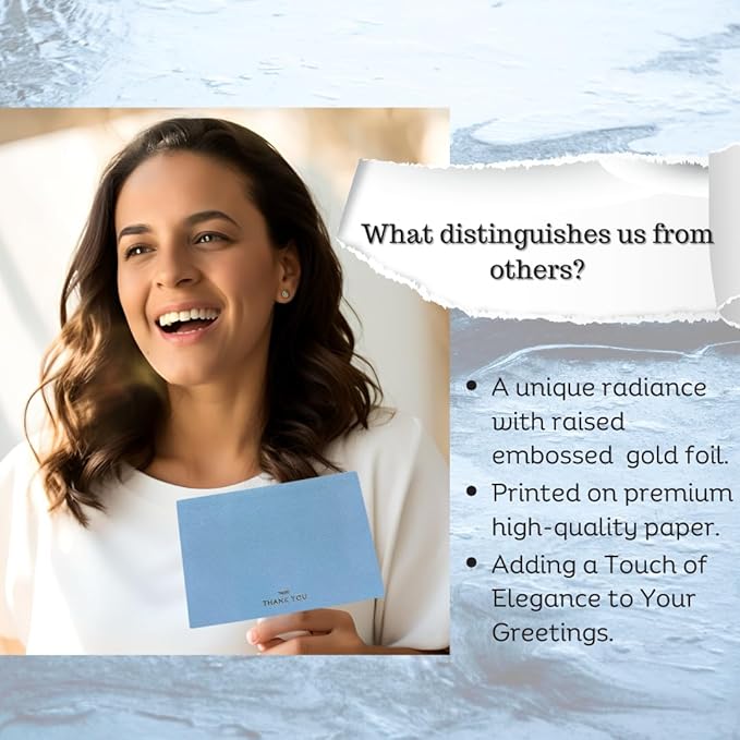 RUN2PRINT (36 Pack Thank You Cards With Envelopes & Stickers - Elegant Blue - Emboss Gold Foil Pressed - Blank Notes Wedding, Bridal, Baby Shower, Business and Formal All Occasion Cards