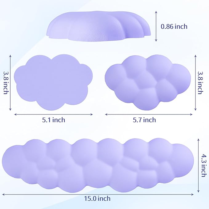 Cloud Wrist Rest Keyboard, Cloud Palm Rest Set with PU Leather Memory Foam, Cute Keyboard Rest for Wrist Support and Arm Rest, Desk Cloud Wrist Pad for PC/Gaming/Hand Cushion/Computer-Purple
