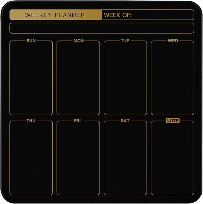 SELEAD Magnetic Glass Planning Board for Small Apartment - 18”x18” Dry Erase Whiteboard Weekly Planner Wall Calendar, Message Memo TODO Board for Home Kitchen, Black&Gold