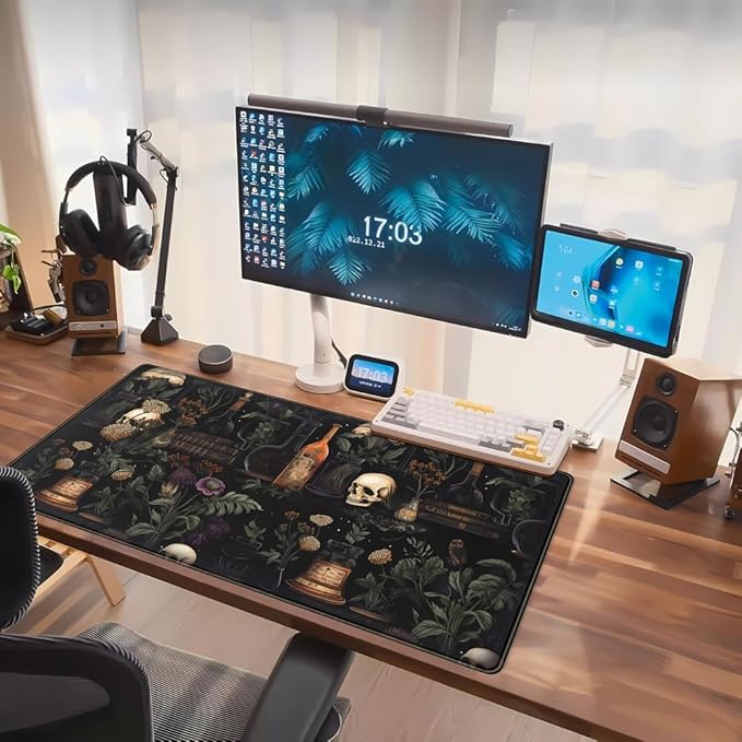 Vintage Aesthetic Desk Mat Black Academia Desk Mouse Pad XL Extended Large Gaming Desk Mousepad Mystical Green Plant Computer Laptop Keyboard and Mouse Mat Desktop Protector Mat 31.5 x 15.8 in