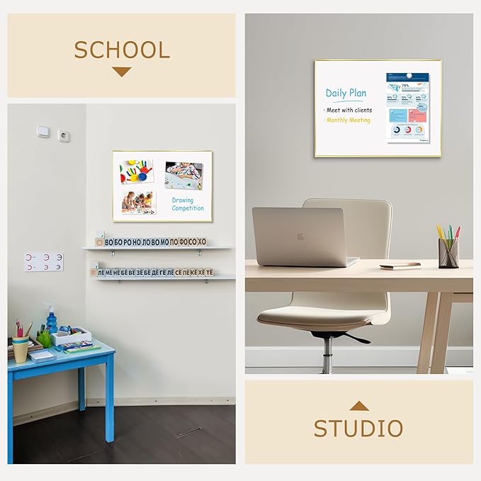 Magnetic Whiteboard, 24"x18" Gold Aluminum Frame Dry Erase White Board for Wall, Hanging Wipe Board with 6 Magnets, 4 Markers & 1 Eraser for Home and Office