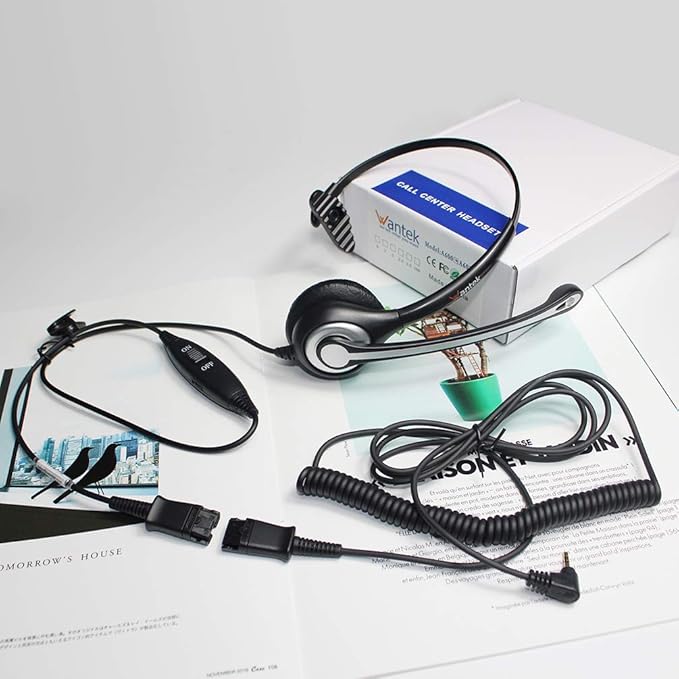 Wantek 2.5mm Telephone Headset Monaural with Noise Canceling Mic+Quick Disconnect Compatible with Cisco Linksys SPA Polycom Grandstream Panasonic Zultys AT&T Office IP & Cordless Dect Phones(600QJ25)