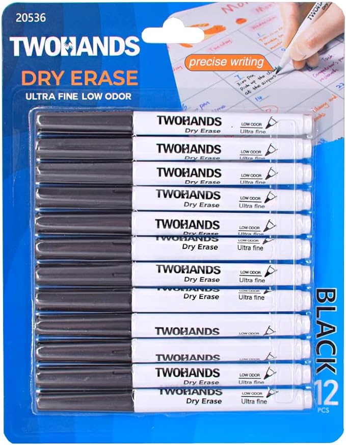 TWOHANDS Dry Erase Markers Ultra Fine Tip,0.7mm,Low Odor,Extra Fine Point,Black,Whiteboard Markers for Office,Home,or Planning Whiteboard,12 Count,20536