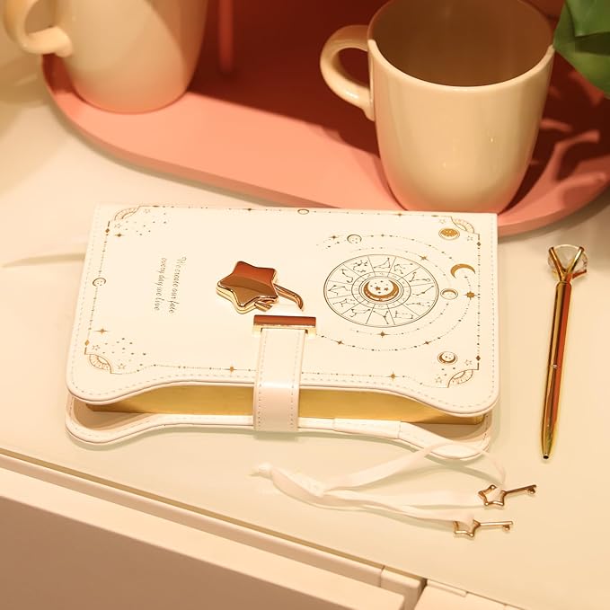 Diary with Lock and Keys for Girls Gift Ideas, 360 Gold Edged Pages Journal for Women, B6 Refillable Notebook for Writing with Pen and Bookmark (Astro White)