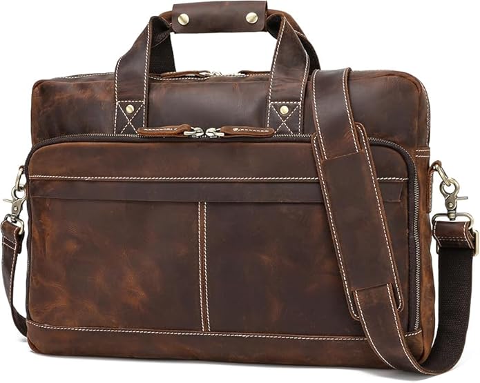 Full Grain 17.3" Leather Briefcase Messenger Laptop Bag For Men