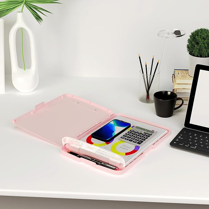 Piasoenc Clipboard with Storage, 8.5 x 11 Organization Box with Pen Holder and A4 Legal Paper Folder, Heavy Duty Plastic, Folio & Side-Opening, Low Profile Clip for Nurses, Teachers, Pink