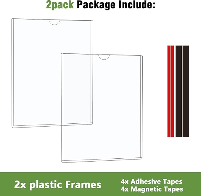 2 Pcs Wall Sign Holder 8.5"x11" Magnetic Sign Holder, Rigid Print Protectors with Magnet Strips and Adhesive Strips, Wall Mount Plastic Paper Holder for Office Store Home Window Display (Clear)