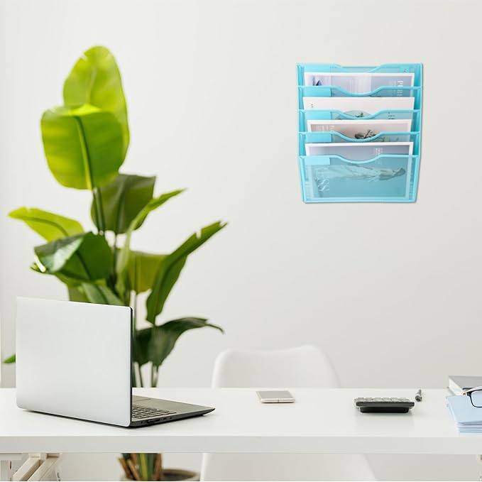 EASEPRES 5 Pocket Mesh Hanging Wall File Organizer, Wall Mounted Mail Paper Document Folder Holder, Clipboard Storage Organization Magazine Rack with Nametag Label for Office Home School, Blue