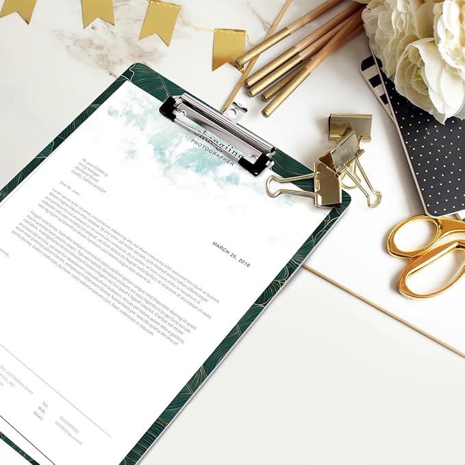 WAVEYU Fashion Cute Clipboard, Decorative Office School Hardboard Wood Nursing Clip Board for Standard A4 Letter Size for Students, Women, Men and Kids, 12.5"x 9", Green Leaves