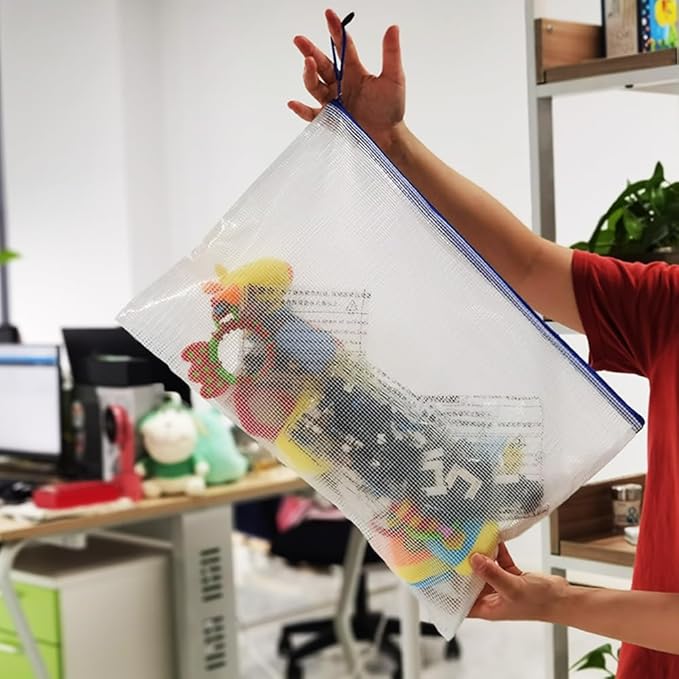 AUSTARK 10 Pcs Zipper File Bags, Waterproof Plastic Mesh Pouch for Office School, Board Game Storage Bags (A3 Size 16.9''x12'', White and Blue)