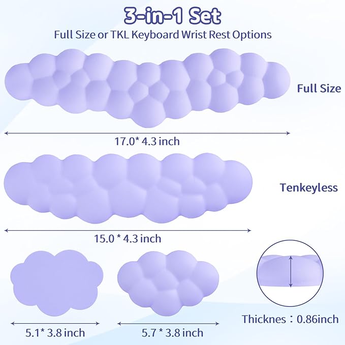 Cloud Wrist Rest Keyboard, Cloud Palm Rest Set with PU Leather Memory Foam, Cute Keyboard Rest for Wrist Support and Arm Rest, Desk Cloud Wrist Pad for PC/Gaming/Hand Cushion/Computer-Purple