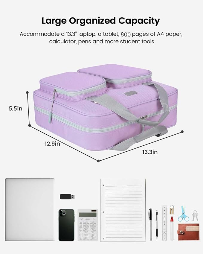 4 Inch 3 Ring Zipper Binder with Shoulder Strap & Handle & Multi-Pocket - 4" Binder with Zipper for School, Compatible with 13-Inch MacBook/Tablet -Patent Design Purple